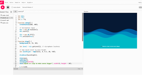Layered waves move up and down based on microphone input.